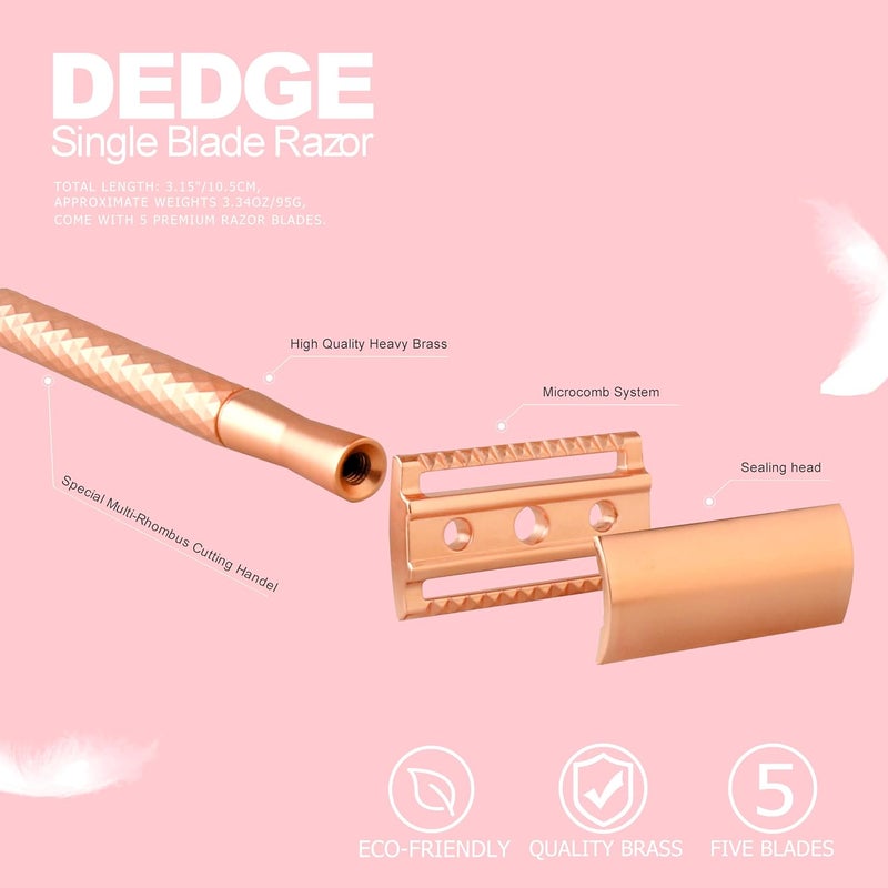 DEDGE Double Edge Eco Safety Razor Single Blade Razor for Women, Reusable Razor, with 5 Premium Razor Blades(Rose Gold) - Image 2